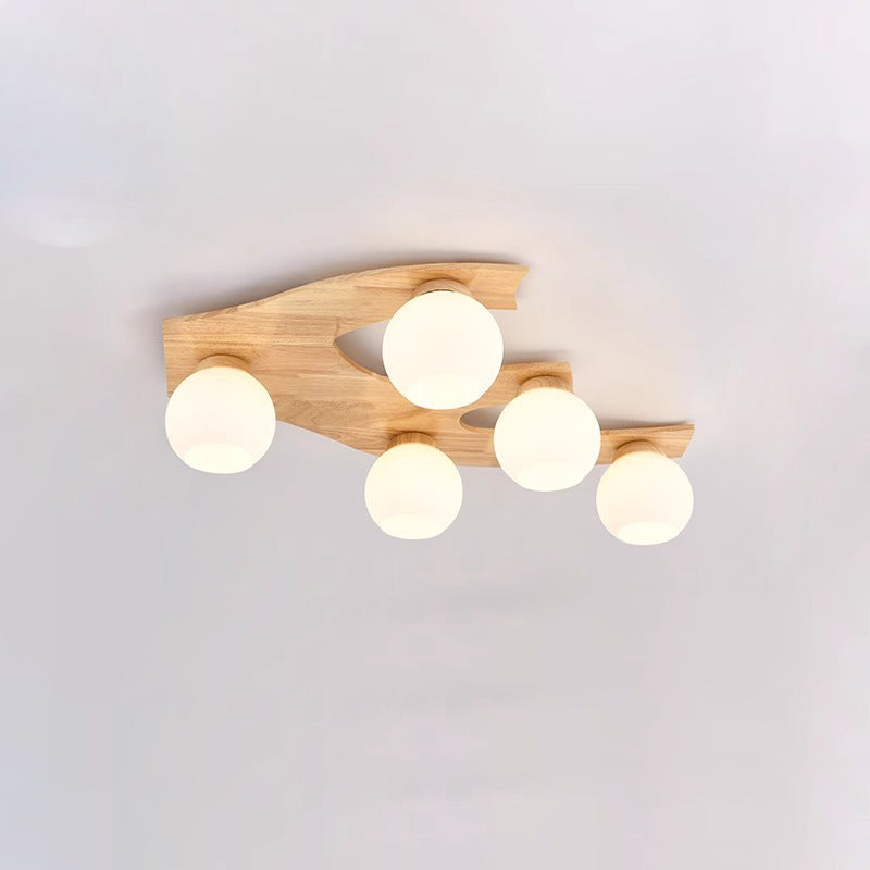Contemporary Nordic Globe Wood Iron Glass 3/5-Light Semi-Flush Mount Ceiling Light For Living Room