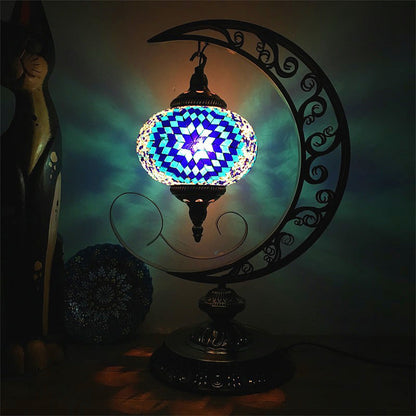 Traditional Tiffany Moon Glass Iron 1-Light Table Lamp For Living Room