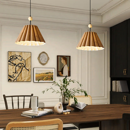 Contemporary Nordic Drum Copper Wood Leather 1-Light Pendant Light For Living Room