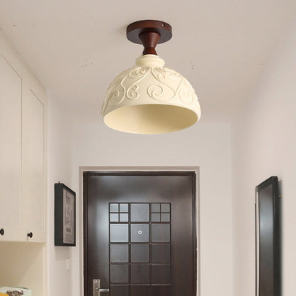 Traditional Vintage Dome Resin Wood 1-Light Semi-Flush Mount Ceiling Light For Living Room
