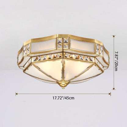 Traditional European Round Copper Glass 3/4-Light Flush Mount Ceiling Light For Living Room