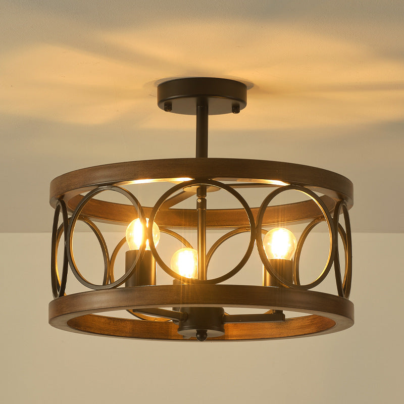 Traditional Vintage Round Iron 3-Light Semi-Flush Mount Ceiling Light For Living Room