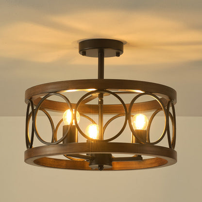 Traditional Vintage Round Iron 3-Light Semi-Flush Mount Ceiling Light For Living Room