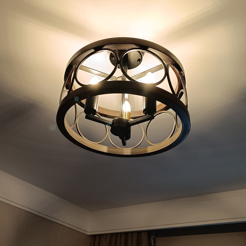 Traditional Vintage Round Iron 3-Light Semi-Flush Mount Ceiling Light For Living Room