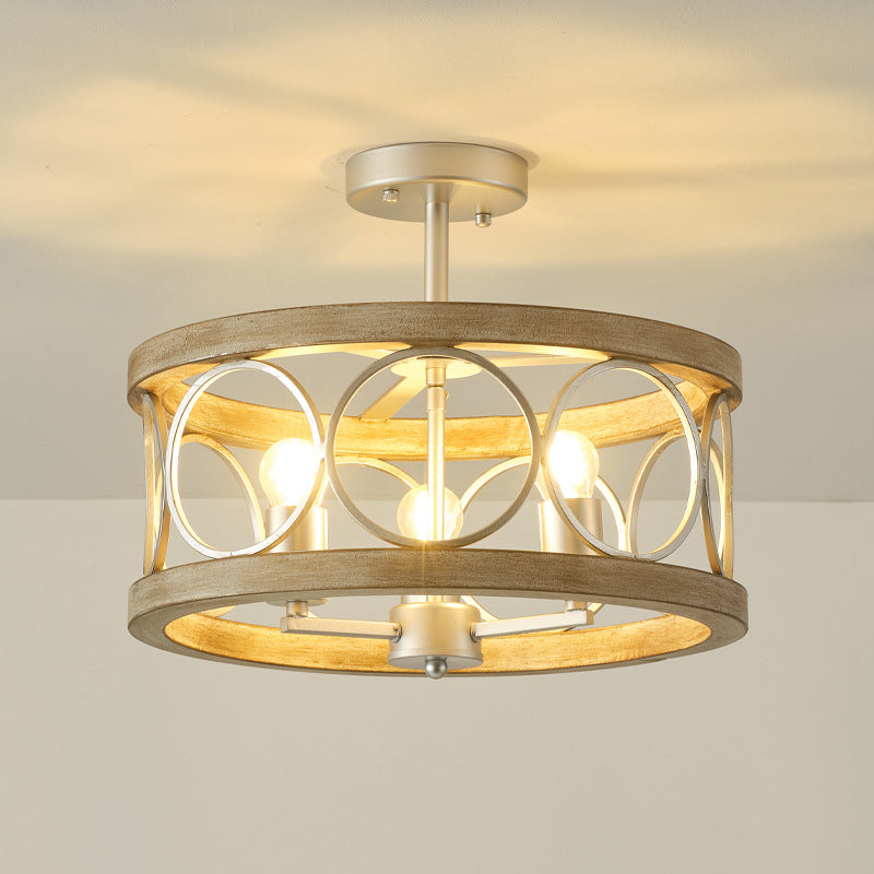 Traditional Vintage Round Iron 3-Light Semi-Flush Mount Ceiling Light For Living Room