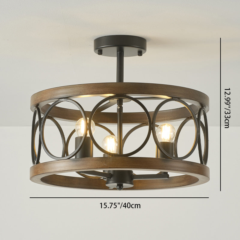 Traditional Vintage Round Iron 3-Light Semi-Flush Mount Ceiling Light For Living Room