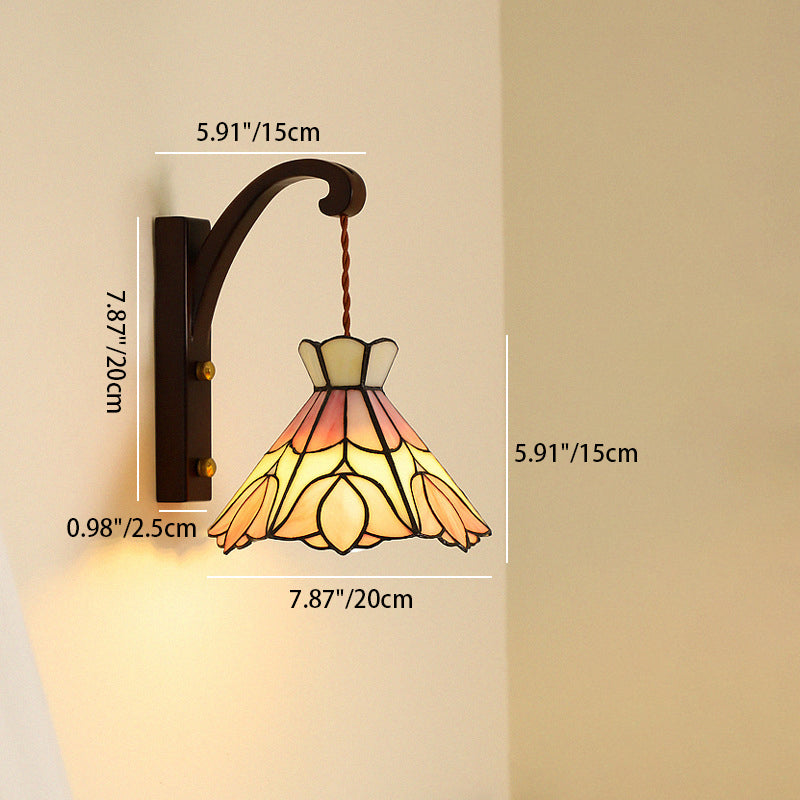Traditional Vintage Cone Copper Wood Glass 1-Light Wall Sconce Lamp For Living Room