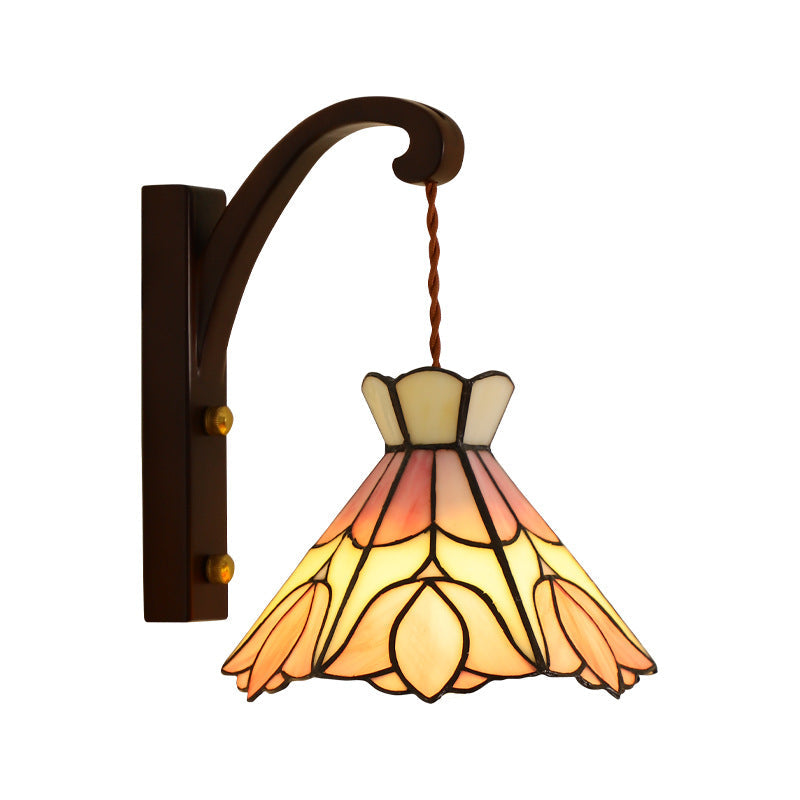 Traditional Vintage Cone Copper Wood Glass 1-Light Wall Sconce Lamp For Living Room