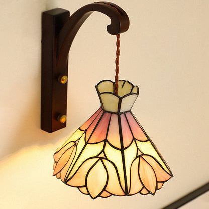 Traditional Vintage Cone Copper Wood Glass 1-Light Wall Sconce Lamp For Living Room