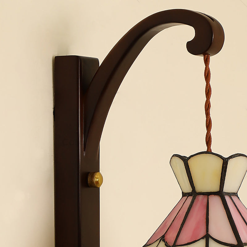 Traditional Vintage Cone Copper Wood Glass 1-Light Wall Sconce Lamp For Living Room
