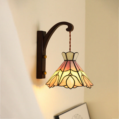 Traditional Vintage Cone Copper Wood Glass 1-Light Wall Sconce Lamp For Living Room
