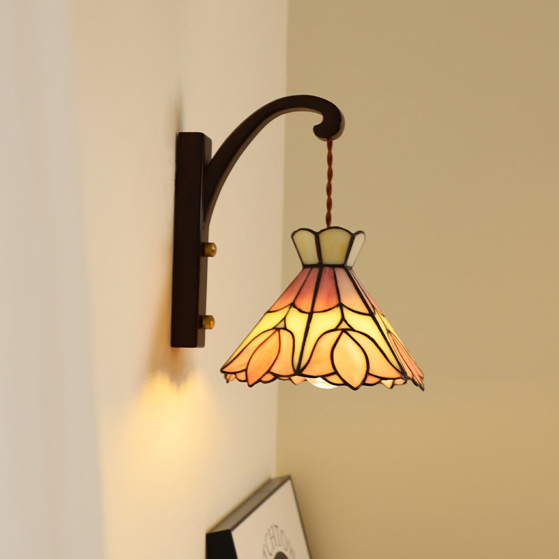 Traditional Vintage Cone Copper Wood Glass 1-Light Wall Sconce Lamp For Living Room