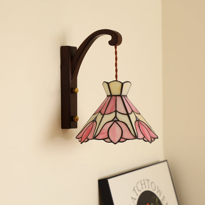 Traditional Vintage Cone Copper Wood Glass 1-Light Wall Sconce Lamp For Living Room