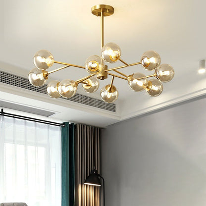 Modern Mid-century Brass Frame Molecular Glass Ball Shade 6/9/12/15-Light Chandelier For Living Room