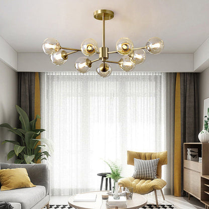 Modern Mid-century Brass Frame Molecular Glass Ball Shade 6/9/12/15-Light Chandelier For Living Room