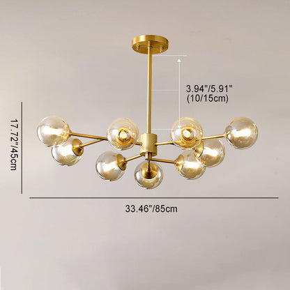 Modern Mid-century Brass Frame Molecular Glass Ball Shade 6/9/12/15-Light Chandelier For Living Room