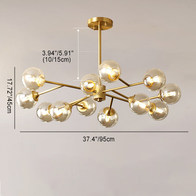 Modern Mid-century Brass Frame Molecular Glass Ball Shade 6/9/12/15-Light Chandelier For Living Room