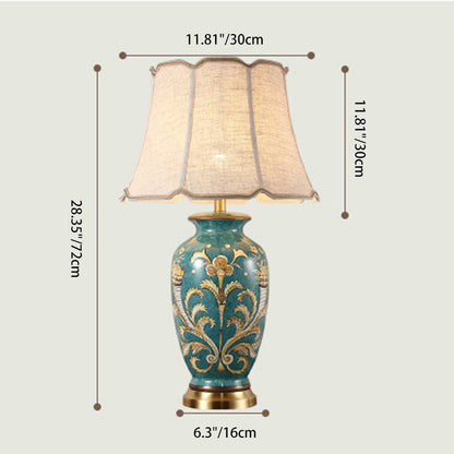 Traditional Chinese Hand-Painted Ceramic Base Copper Fabric 1-Light Table Lamp For Living Room