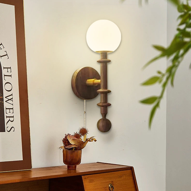 Traditional Vintage Spindle-Shaped Globe Shade Glass White Ash Wooden 1-Light Wall Sconce Lamp For Bedroom