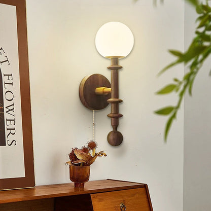 Traditional Vintage Spindle-Shaped Globe Shade Glass White Ash Wooden 1-Light Wall Sconce Lamp For Bedroom