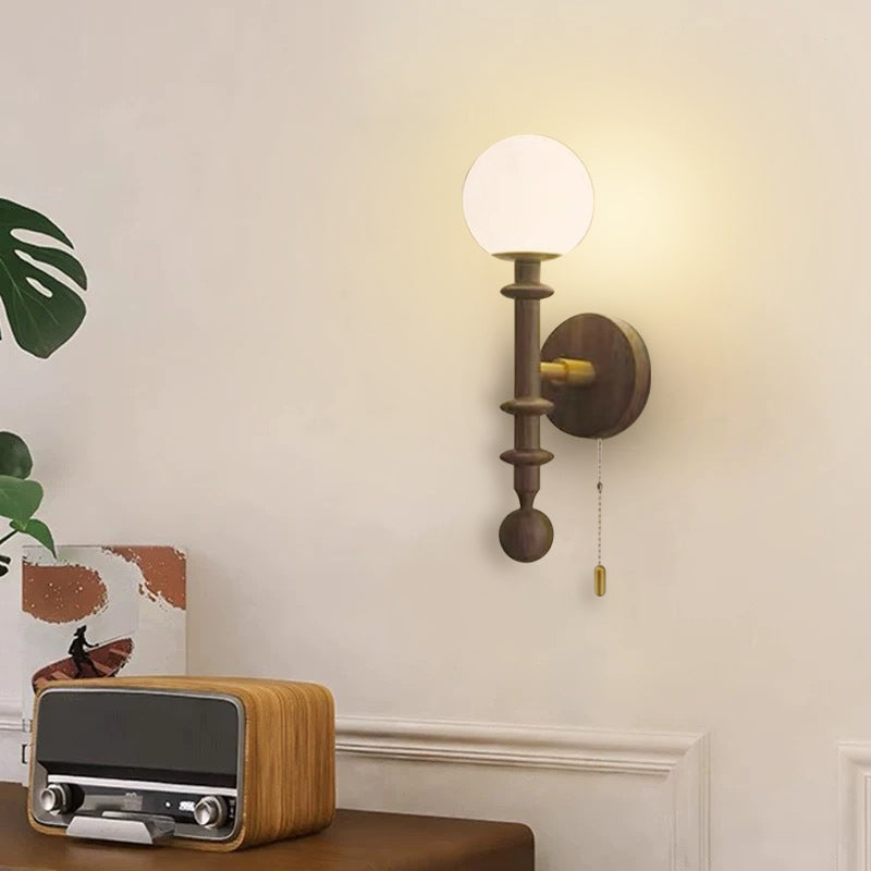 Traditional Vintage Spindle-Shaped Globe Shade Glass White Ash Wooden 1-Light Wall Sconce Lamp For Bedroom
