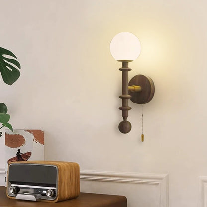 Traditional Vintage Spindle-Shaped Globe Shade Glass White Ash Wooden 1-Light Wall Sconce Lamp For Bedroom