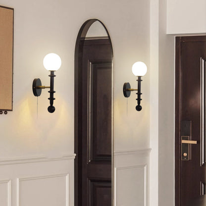 Traditional Vintage Spindle-Shaped Globe Shade Glass White Ash Wooden 1-Light Wall Sconce Lamp For Bedroom