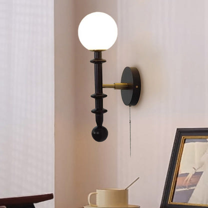 Traditional Vintage Spindle-Shaped Globe Shade Glass White Ash Wooden 1-Light Wall Sconce Lamp For Bedroom
