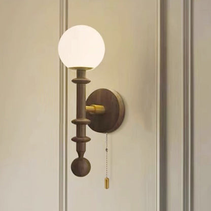 Traditional Vintage Spindle-Shaped Globe Shade Glass White Ash Wooden 1-Light Wall Sconce Lamp For Bedroom