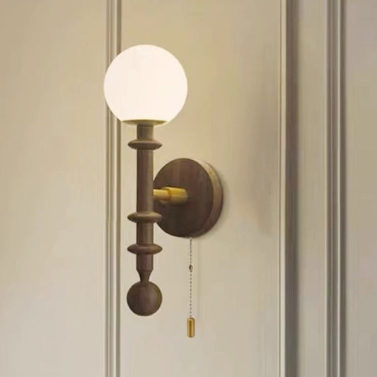 Traditional Vintage Spindle-Shaped Globe Shade Glass White Ash Wooden 1-Light Wall Sconce Lamp For Bedroom