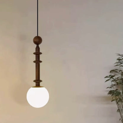 Traditional Vintage Linear White Ash Wooden Spindle-Shaped Globe Shade Glass 1-Light Pendant Light For Bedroom