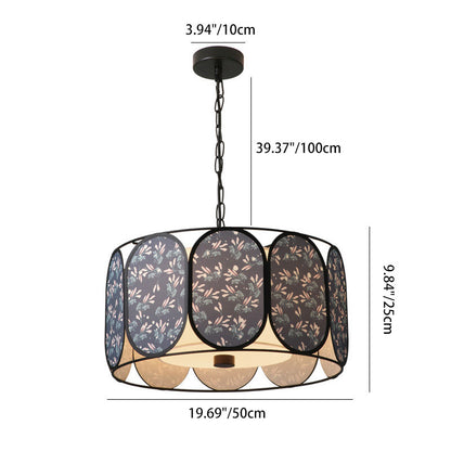 Traditional French Elliptical Column Fabric Iron 5-Light Chandelier For Living Room