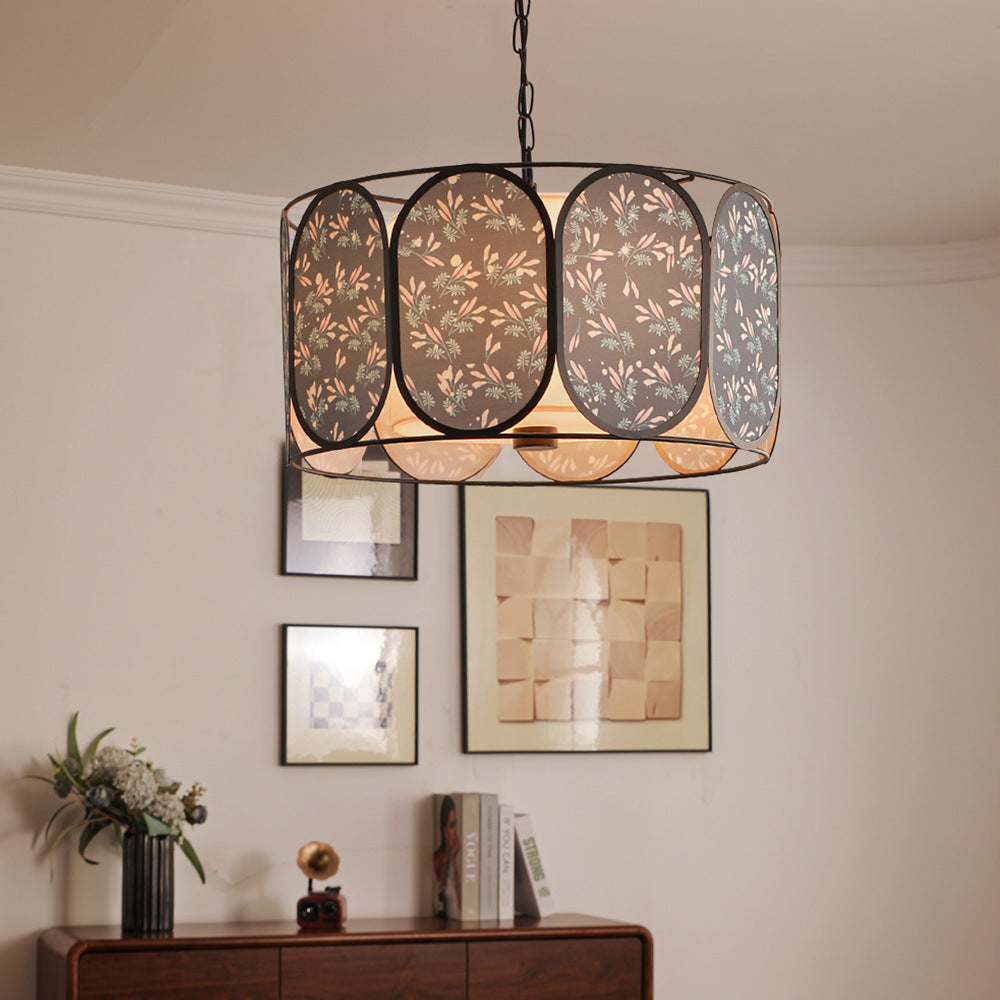 Traditional French Elliptical Column Fabric Iron 5-Light Chandelier For Living Room