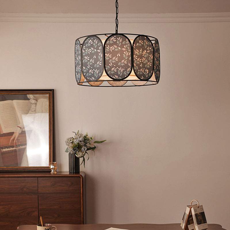 Traditional French Elliptical Column Fabric Iron 5-Light Chandelier For Living Room