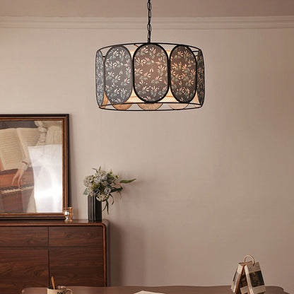 Traditional French Elliptical Column Fabric Iron 5-Light Chandelier For Living Room