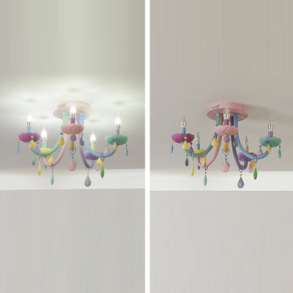 Contemporary Creative Flower Candle-Shaped Kid Iron Crystal Glass 5-Light Flush Mount Ceiling Light For Bedroom