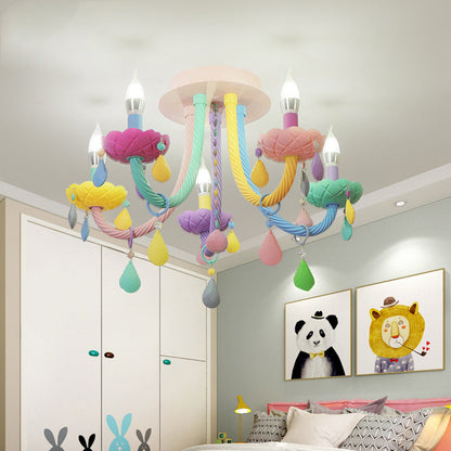 Contemporary Creative Flower Candle-Shaped Kid Iron Crystal Glass 5-Light Flush Mount Ceiling Light For Bedroom
