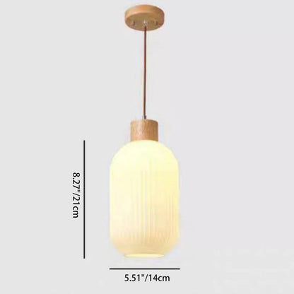 Traditional Japanese Cylindrical Lantern-Shaped Wooden Woven Glass 1-Light Pendant Light For Living Room