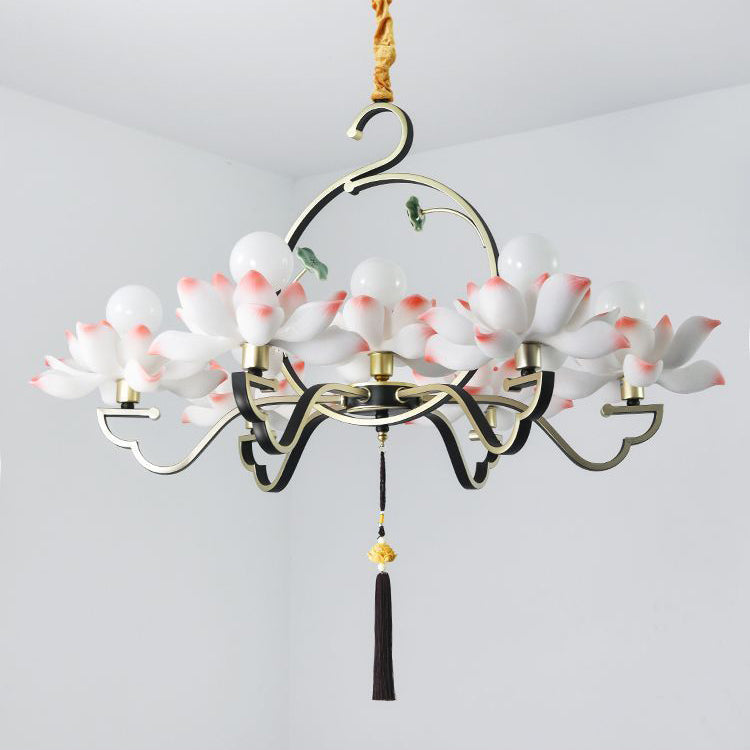 Traditional Chinese Lotus-shaped Round Spherical Iron Acrylic 1/3/5/7 Light Chandelier For Bedroom