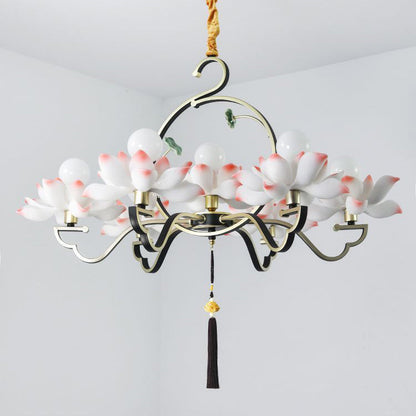 Traditional Chinese Lotus-shaped Round Spherical Iron Acrylic 1/3/5/7 Light Chandelier For Bedroom