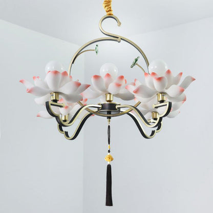 Traditional Chinese Lotus-shaped Round Spherical Iron Acrylic 1/3/5/7 Light Chandelier For Bedroom