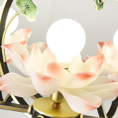 Traditional Chinese Lotus-shaped Round Spherical Iron Acrylic 1/3/5/7 Light Chandelier For Bedroom
