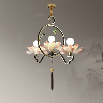 Traditional Chinese Lotus-shaped Round Spherical Iron Acrylic 1/3/5/7 Light Chandelier For Bedroom