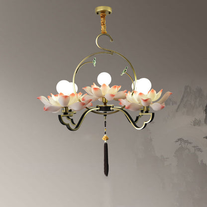 Traditional Chinese Lotus-shaped Round Spherical Iron Acrylic 1/3/5/7 Light Chandelier For Bedroom