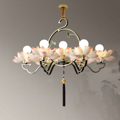 Traditional Chinese Lotus-shaped Round Spherical Iron Acrylic 1/3/5/7 Light Chandelier For Bedroom