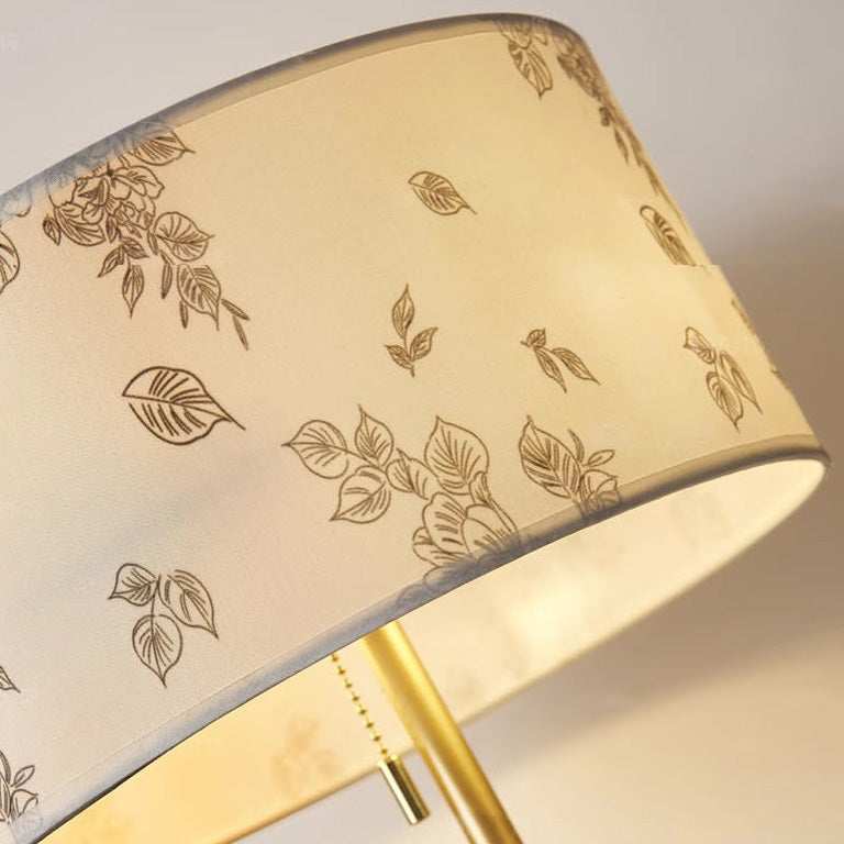 Traditional Japanese Cylindrical Round Iron White Wax Wood Fabric 2-Light Table Lamp For Bedroom