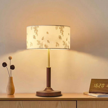 Traditional Japanese Cylindrical Round Iron White Wax Wood Fabric 2-Light Table Lamp For Bedroom