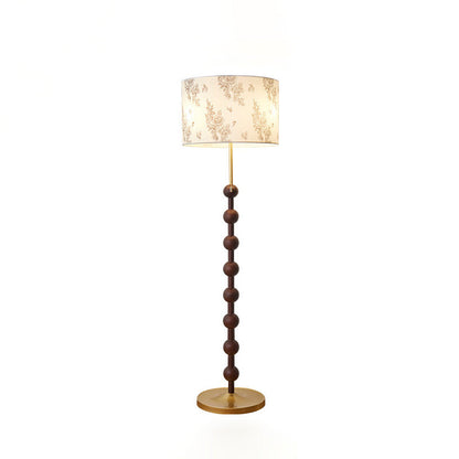 Traditional Japanese Cylindrical Round Iron White Wax Wood Fabric 3-Light Standing Floor Lamp For Living Room