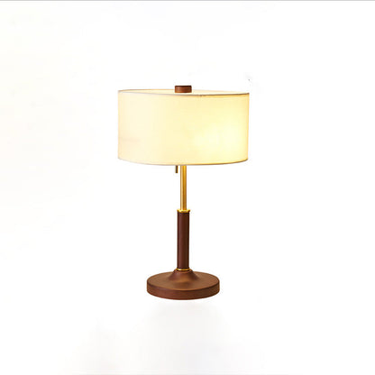 Traditional Japanese Cylindrical Round Iron White Wax Wood Fabric 2-Light Table Lamp For Bedroom
