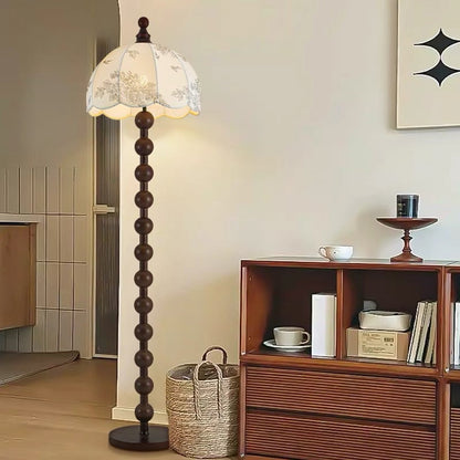 Traditional Chinese Spherical Cylindrical Wooden Fabric 1-Light Standing Floor Lamp For Living Room